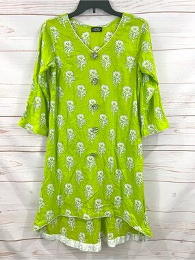 Handmade Lime Green Floral Rhinestone Button Kurta Tunic Dress